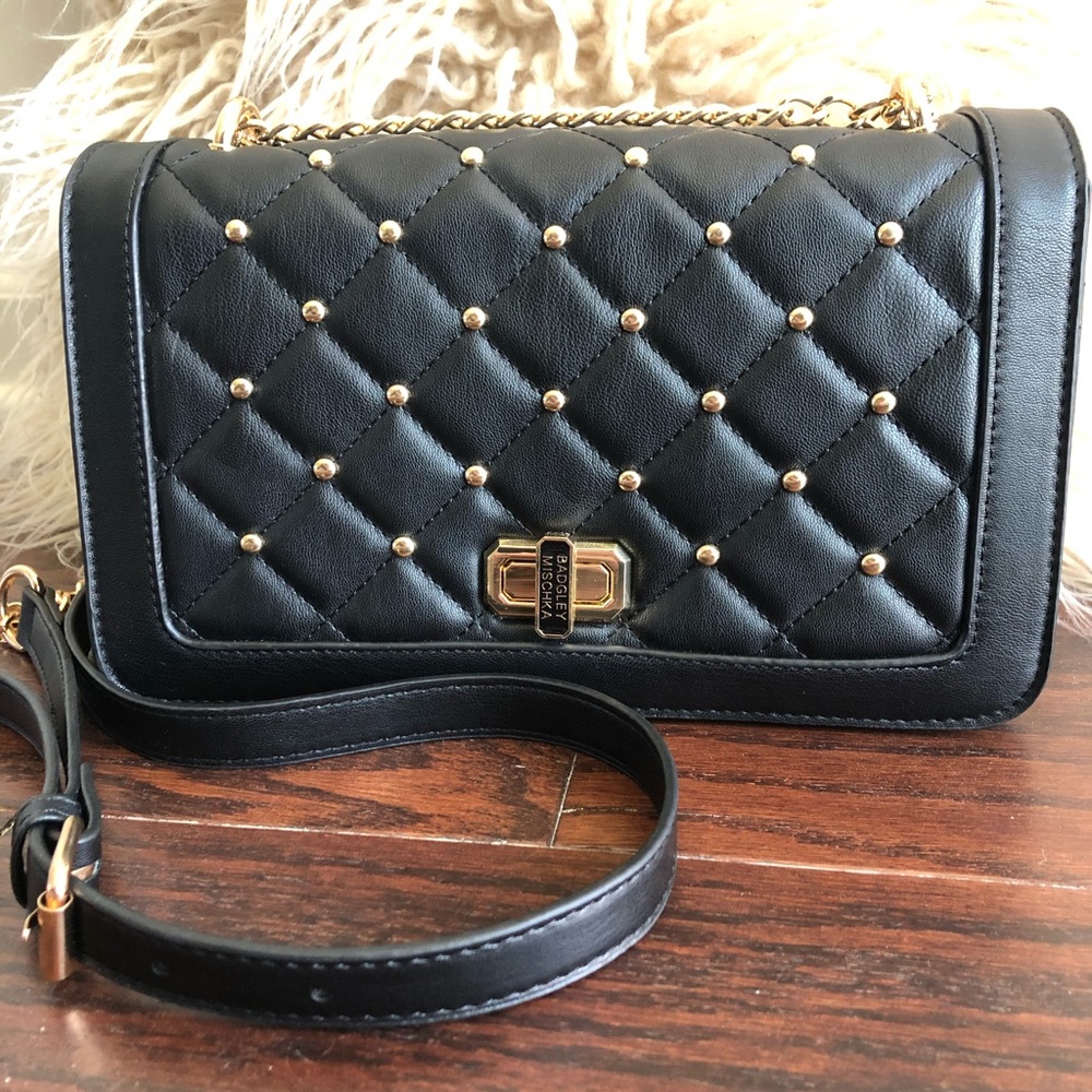 NWT Badgley Mischka Black Vegan Leather Crossbody Gold Studs